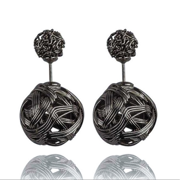 Metallic Black Weaved Double Ball Stud Earrings - Picture 2 of 7